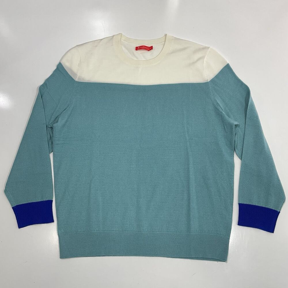 Redvanly Merino Wool Pullover Sweater Size Large White Blue Teal Colorblock